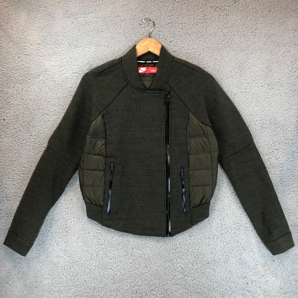 Nike‎ Tech Fleece Aeroloft Moto Jacket Womens Small Olive Green Asymmetrical Zip